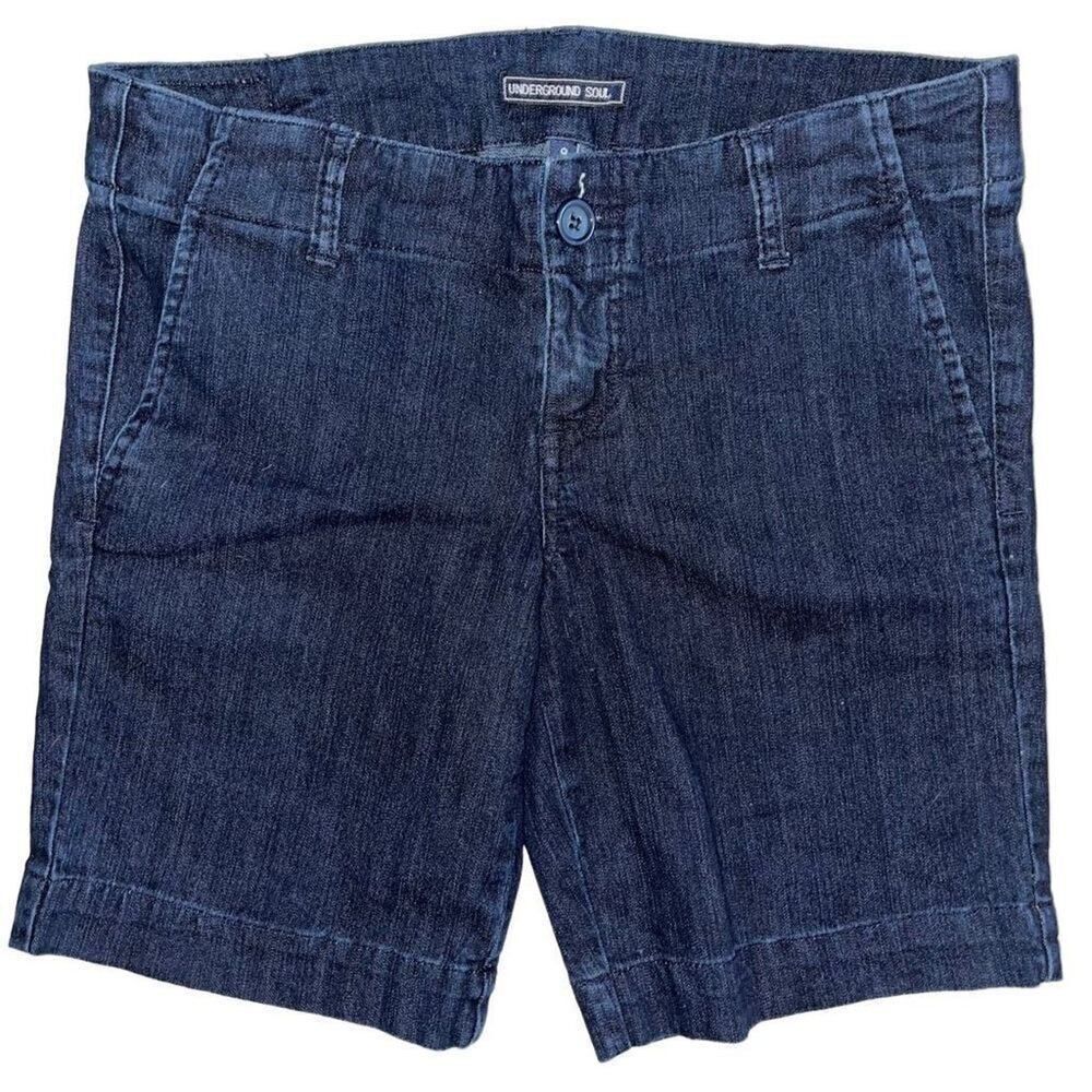 Underground Soul Womens Dark Wash Denim Shorts Size 9 Blue‎ Mid Rise Bermuda